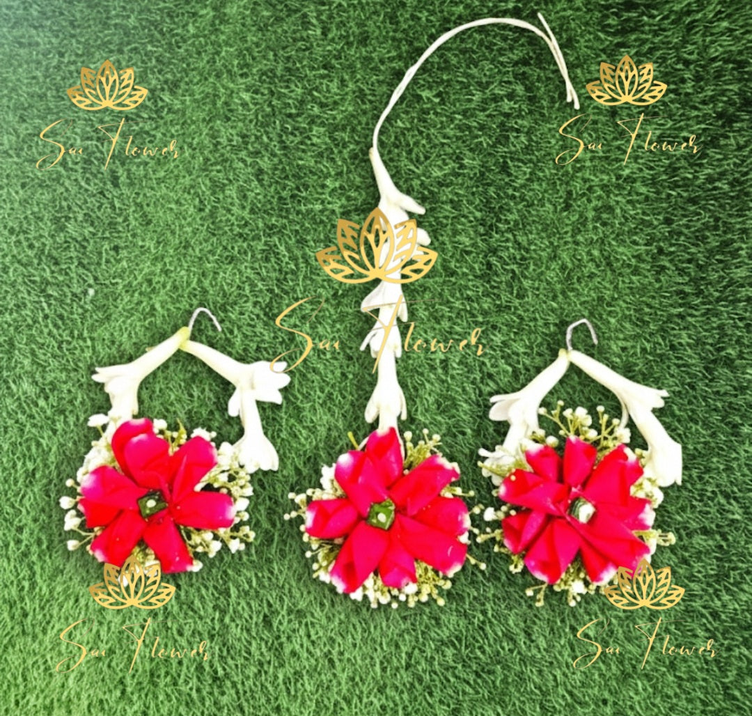 “Red fresh flower jewellery set with maang tikka and earrings handcrafted by SaiFlower for bridal and pooja use”