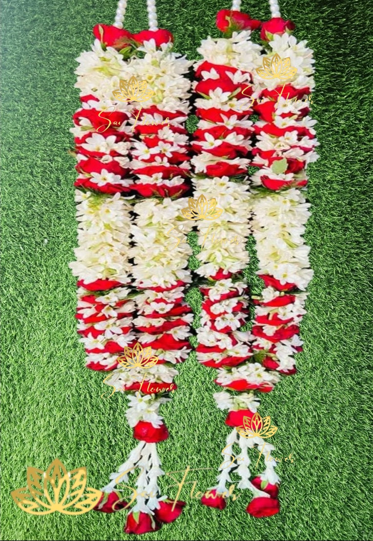 “Traditional handcrafted red rose and white jasmine garland for wedding and pooja by SaiFlower”