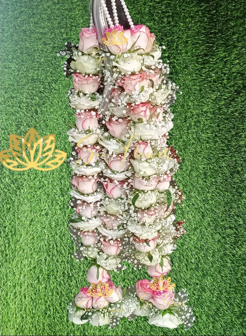 Pink & White Rose Garland with Pearl Handle – Sai Flower