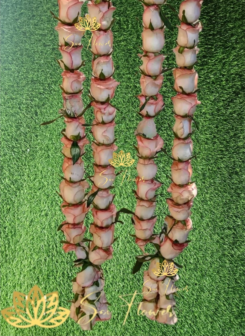 “Premium handcrafted peach and pink rose garland with baby’s breath for wedding and pooja by SaiFlower”