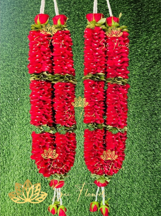 “Fresh double-layer red rose garland for wedding and pooja by SaiFlower”