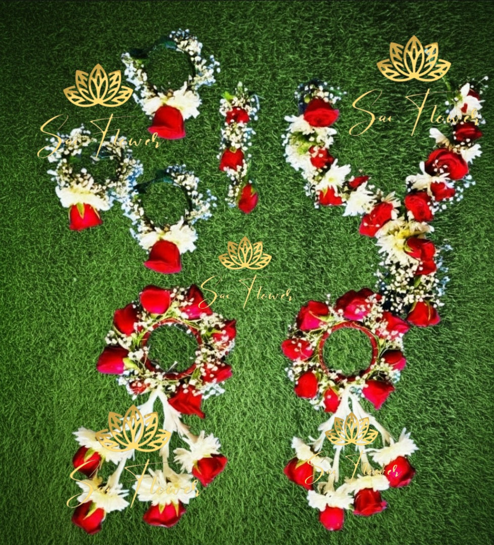 “Red and White Fresh Flower Bridal Jewellery Set by Sai Flower – Handcrafted floral set with real roses and jasmine for Haldi and wedding functions.”