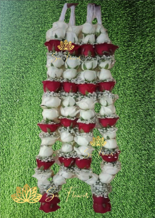“Royal Red and White Layered Rose Wedding Garland (Varmala) by Sai Flower – Premium handcrafted floral garland for traditional Indian weddings.”