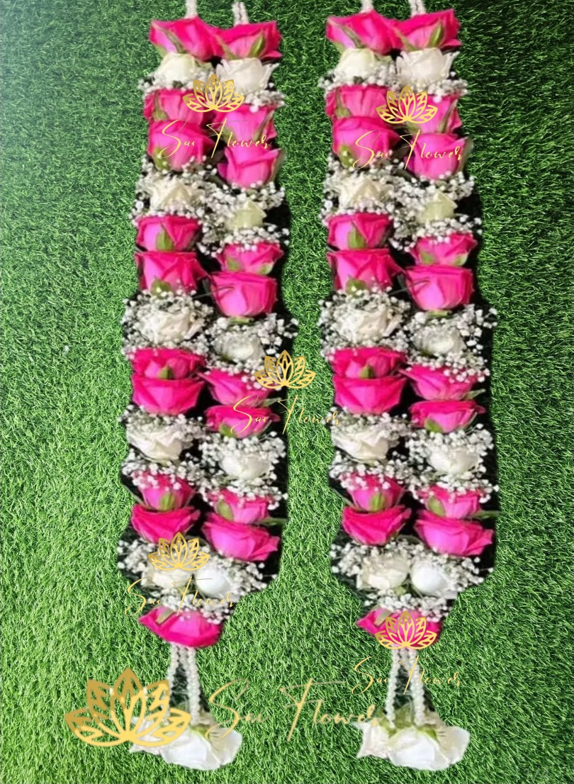 “Elegant pink and white rose garland with baby’s breath for wedding and pooja by SaiFlower”