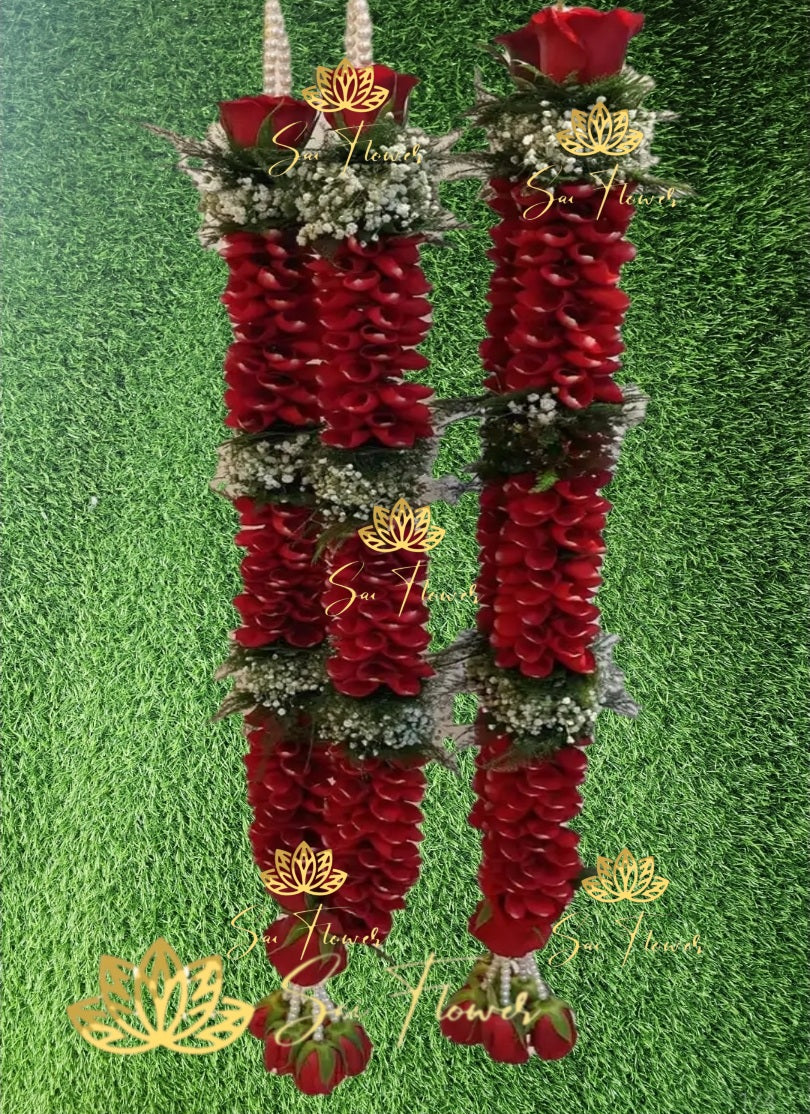 “Elegant handcrafted red rose garland with baby’s breath flowers for wedding and pooja by SaiFlower”