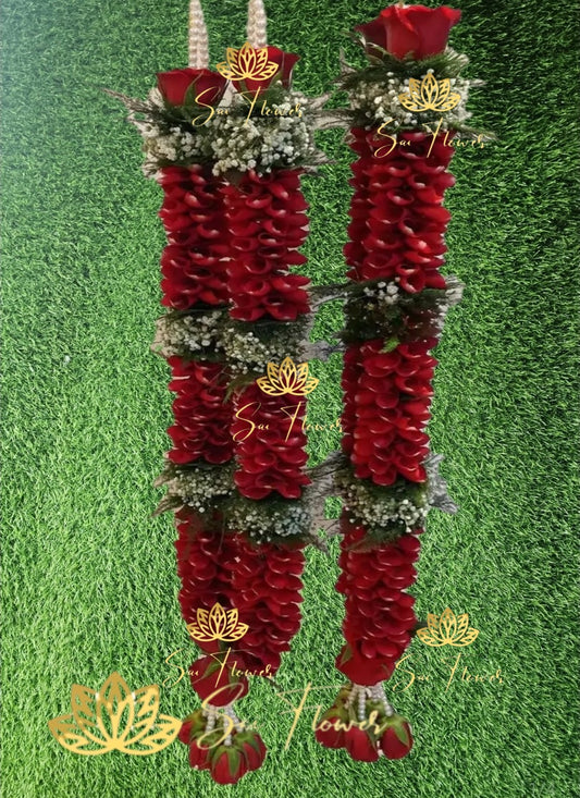 “Elegant handcrafted red rose garland with baby’s breath flowers for wedding and pooja by SaiFlower”