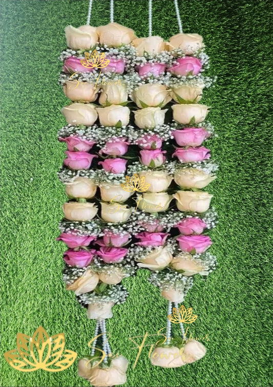 “Premium handcrafted peach and pink rose garland with baby’s breath for wedding and pooja by SaiFlower”