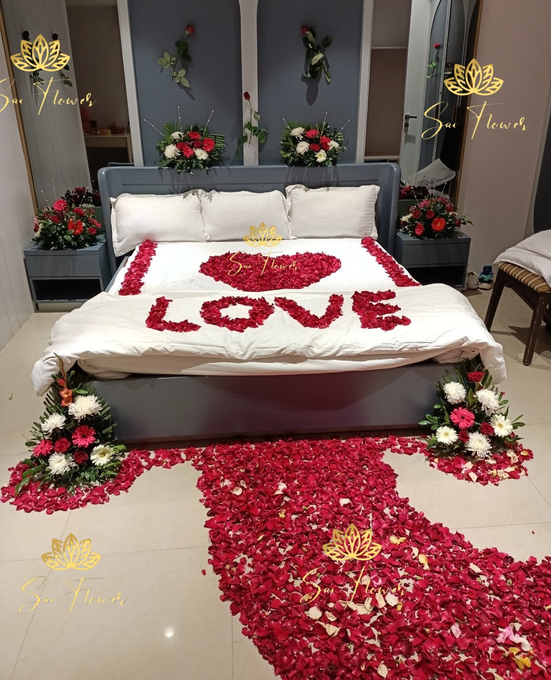 Romantic Red Rose Bed Decoration | Fresh Flower Wedding Night & Anniversary Setup by SaiFlower