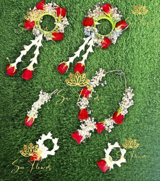 “Fresh Red Rose Bridal Jewellery Set by Sai Flower – Handcrafted floral necklace, earrings, and bangles made from real roses for weddings.”