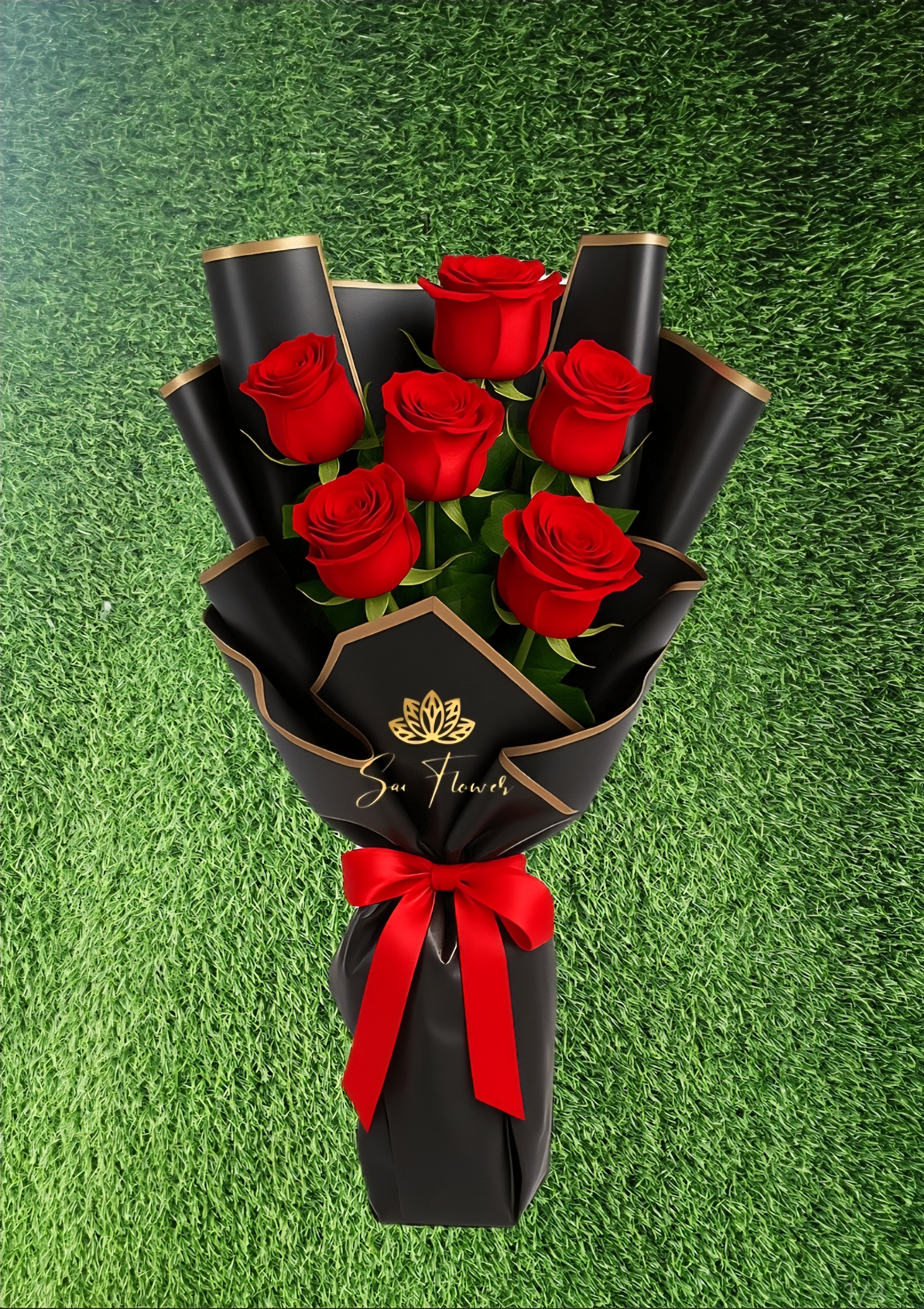 Premium 7 Red Roses Bouquet in Black Wrap