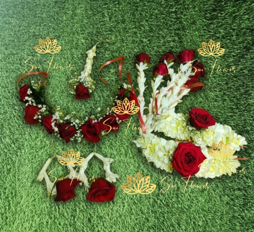 Elegant Red Rose & Tuberose Fresh Floral Jewellery Set for Haldi & Mehendi