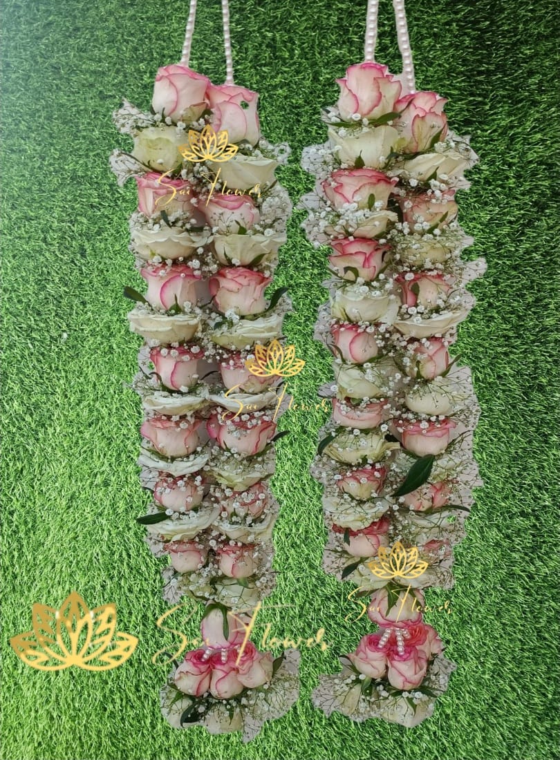 Real Bi-Color Pink Rose & Baby\'s Breath Varmala | Fresh Wedding Jaimala