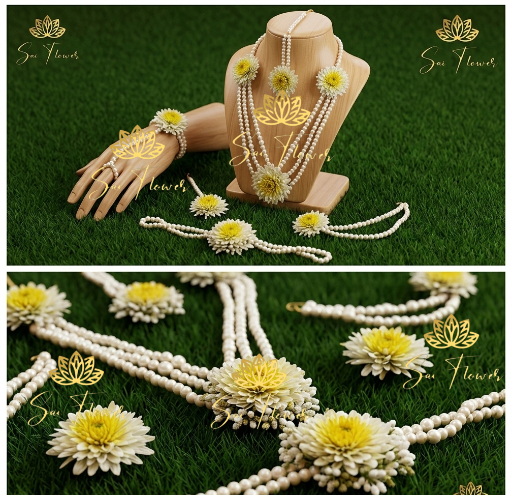 Yellow Floral and White Pearl Bead Jewelry Set for Haldi