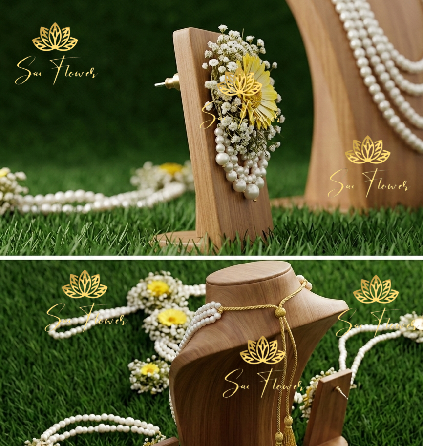 Yellow Floral and White Pearl Bead Jewelry Set for Haldi gallery