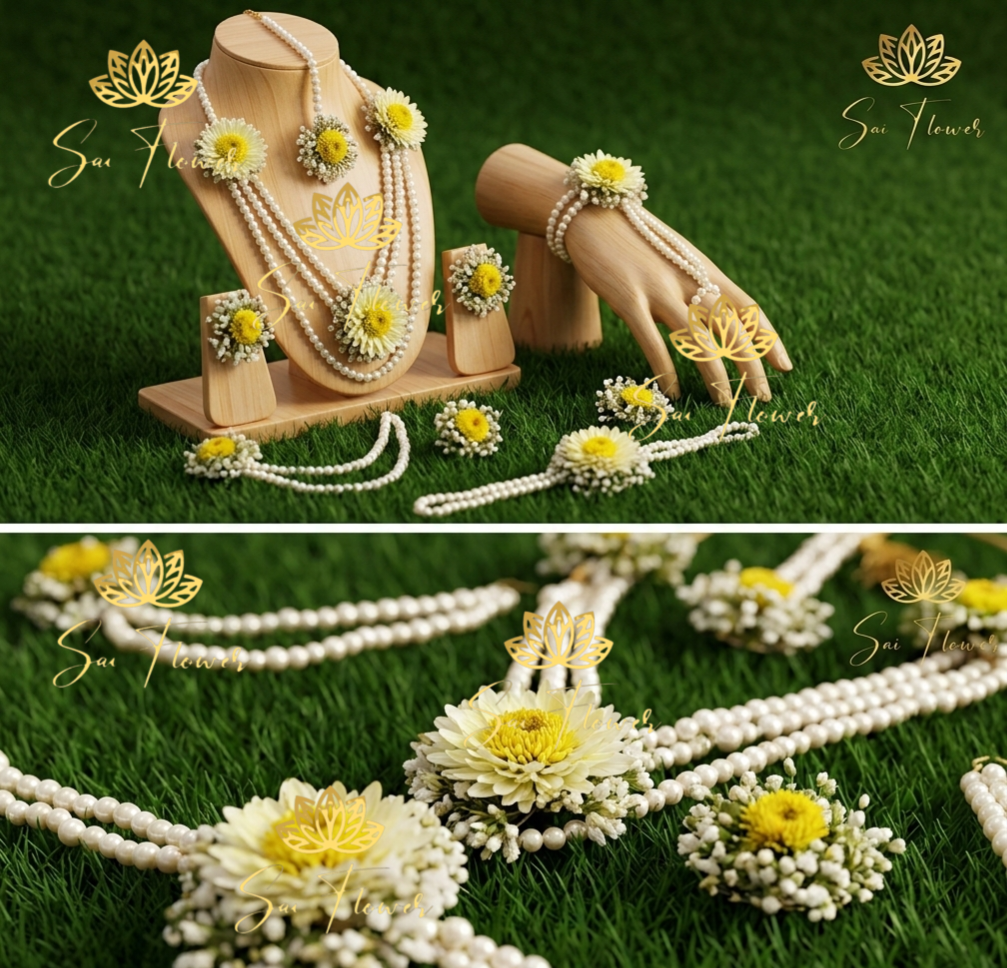 Yellow Floral and White Pearl Bead Jewelry Set for Haldi gallery