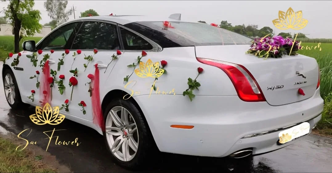Sai Flower Luxury White Jaguar Wedding Car Decoration with Pink Netting & Fresh Red gallery