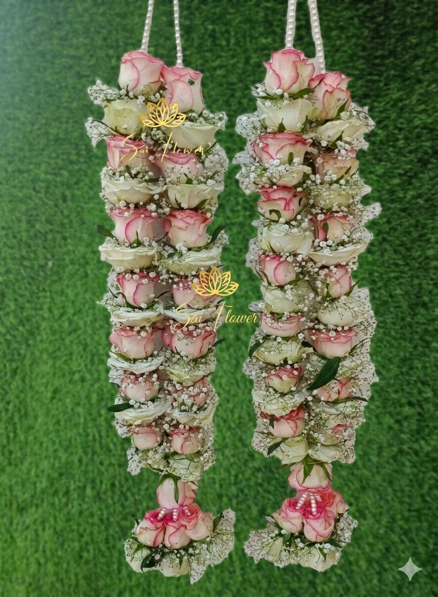 Pastel Pink & Peach Rose with Baby\'s Breath Wedding Varmala | Dual Tone Jaimala gallery