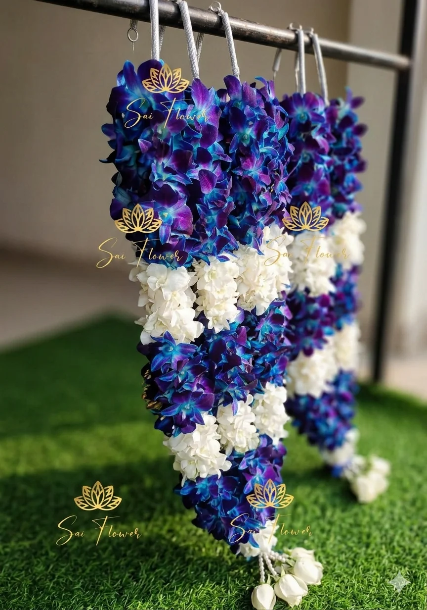 Premium Blue and White Orchid Varmala | Fresh Wedding Jaimala gallery