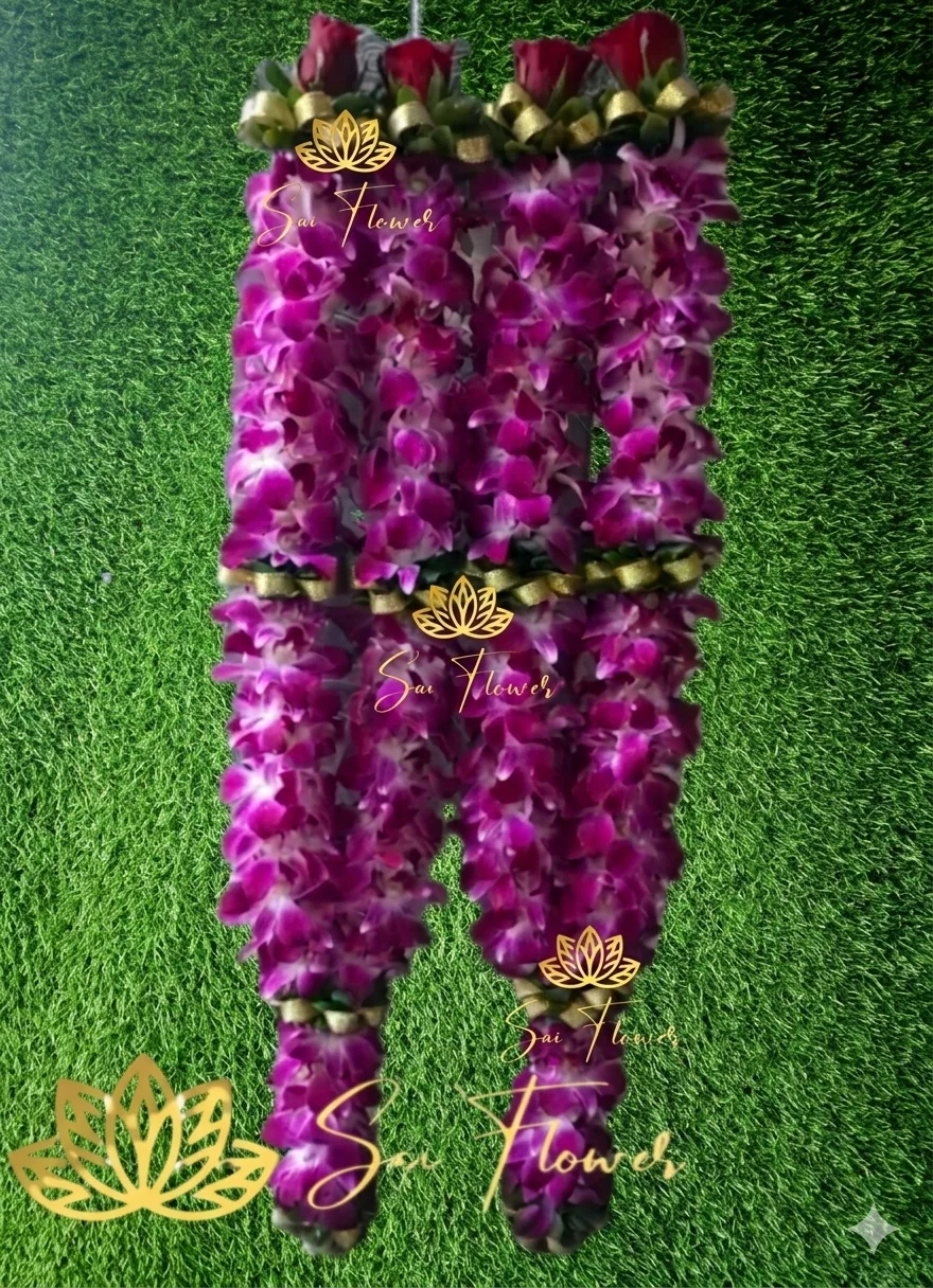 Premium Magenta Purple Orchid Varmala with Red Rose Accents | Fresh Wedding Jaimala gallery