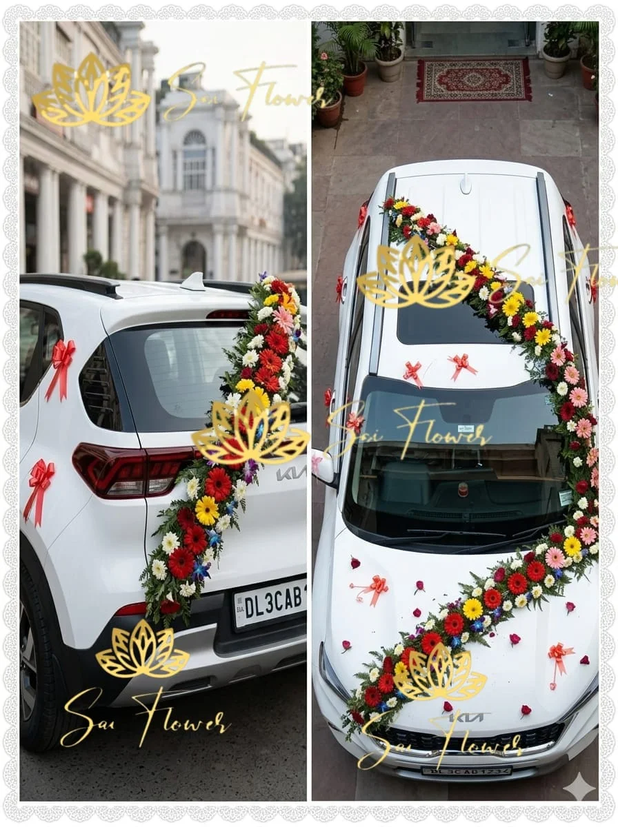 Premium Fresh Flower Wedding Car Decoration for Kia Sonet – Sai Flower Delhi gallery