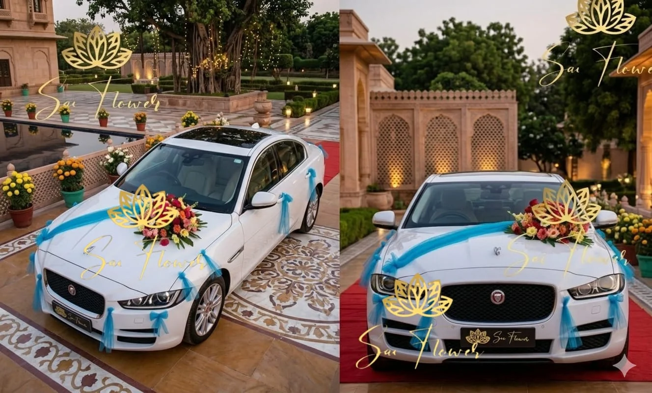 Luxury Jaguar Wedding Car Decoration with Blue Net & Fresh Flowers – Sai Flower Delhi gallery