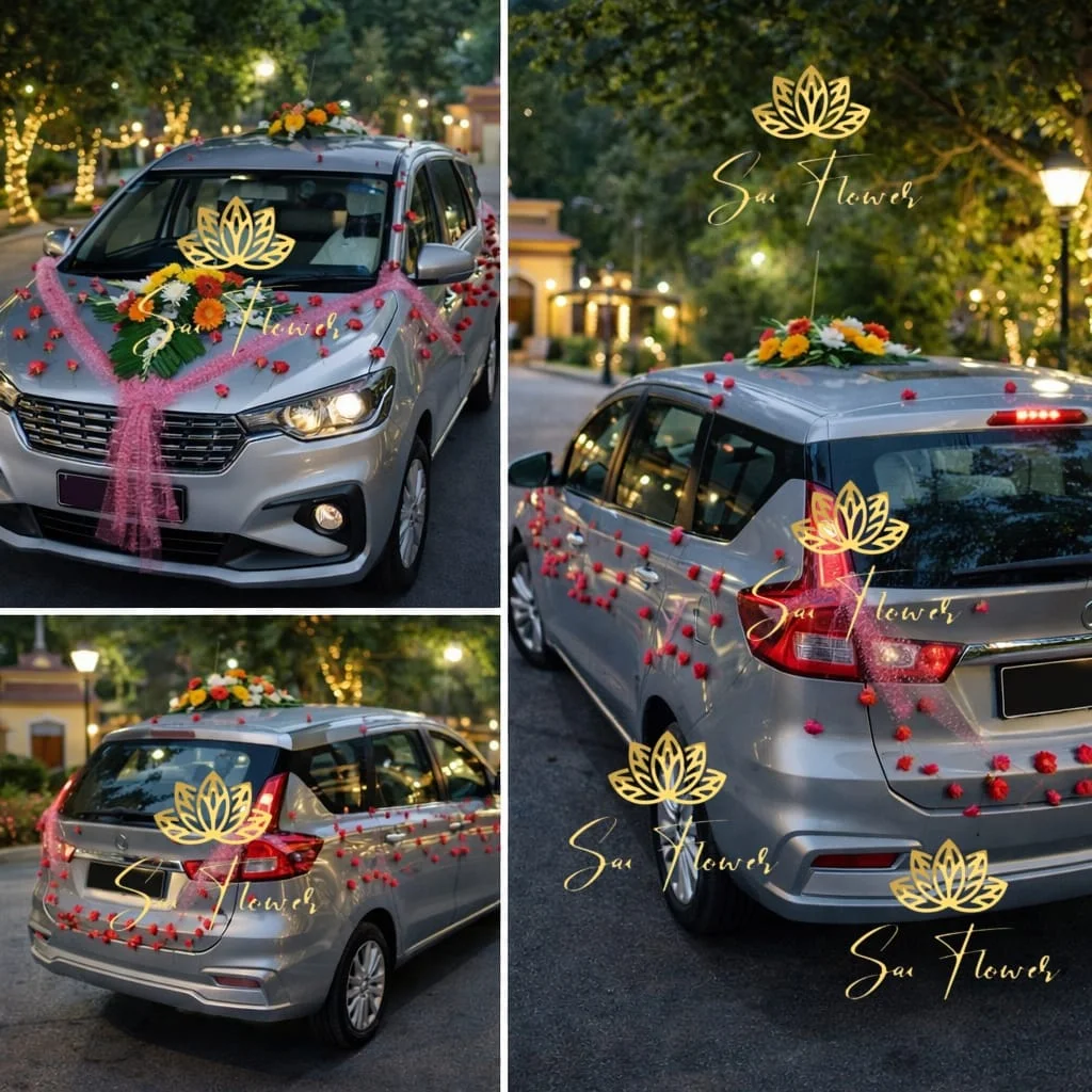 Elegant Wedding Car Flower Decoration with Pink Net & Fresh Gerberas – Sai Flower Delhi gallery
