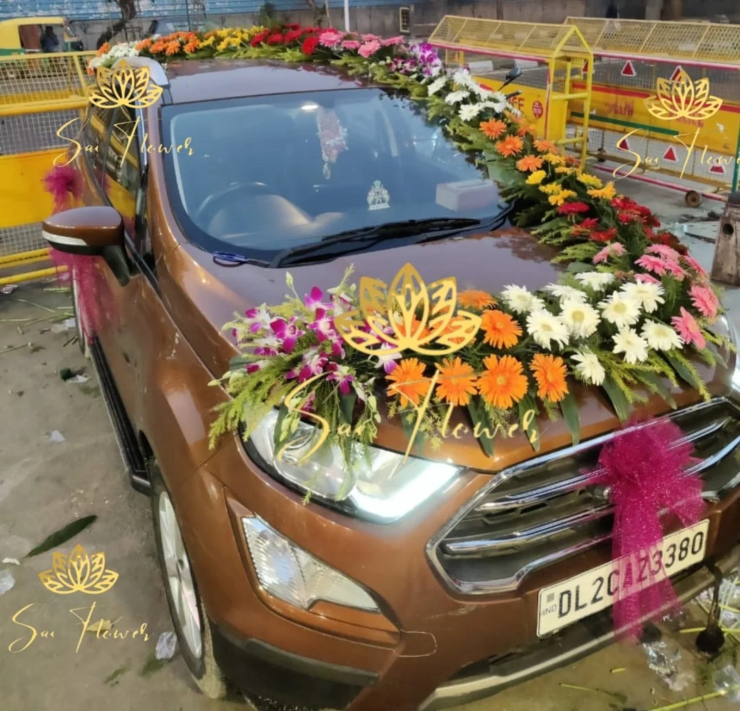 Premium Ford EcoSport Wedding Car Decoration with Fresh Gerbera & Orchids - Sai Flower Delhi gallery