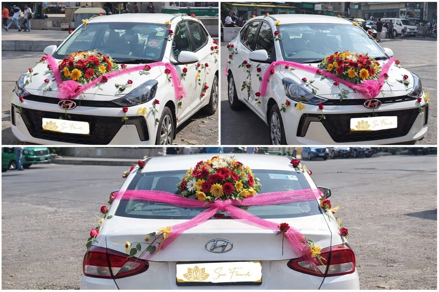 Car Decoration with Pink Net and Colorful Gerbera Flowers gallery