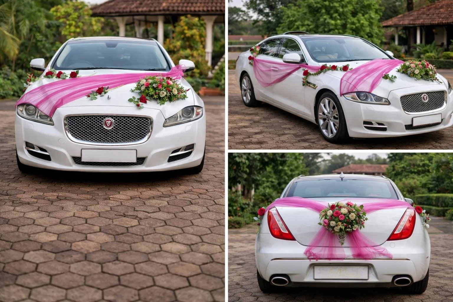 Sai Flower Luxury White Jaguar Wedding Car Decoration with Pink Netting & Fresh Red gallery