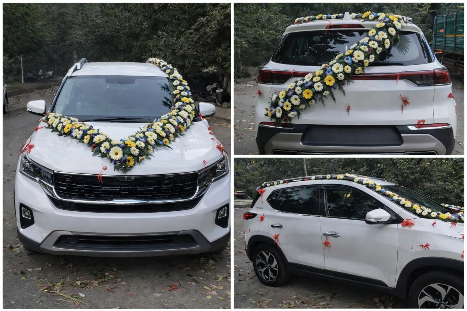 Elegant Kia Sonet Wedding Car Decoration with White and Yellow Gerberas - Sai Flower gallery