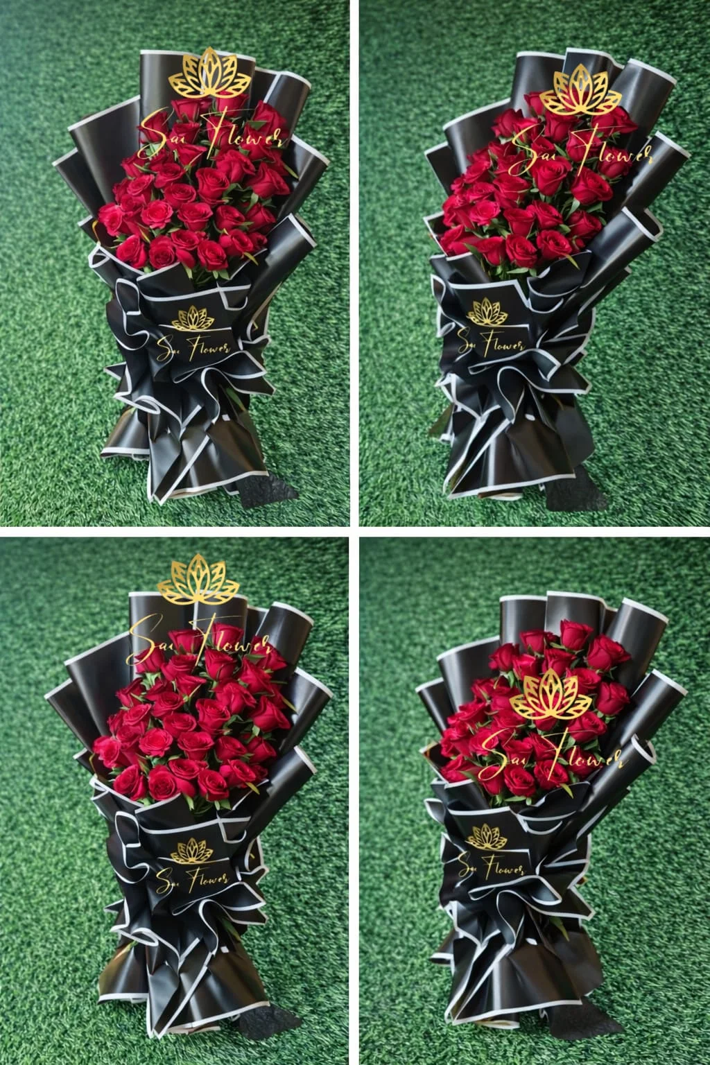 Grand Statement 50 Red Rose Bouquet – Luxury Midnight Black & White Wrap gallery
