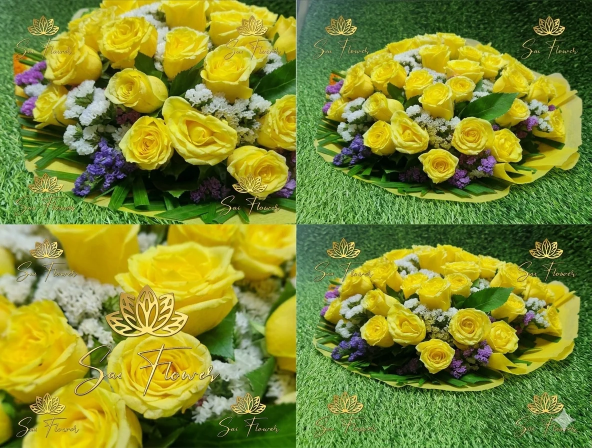 Premium Yellow Rose Bouquet with White Statice & Purple Accents – Sai Flower gallery