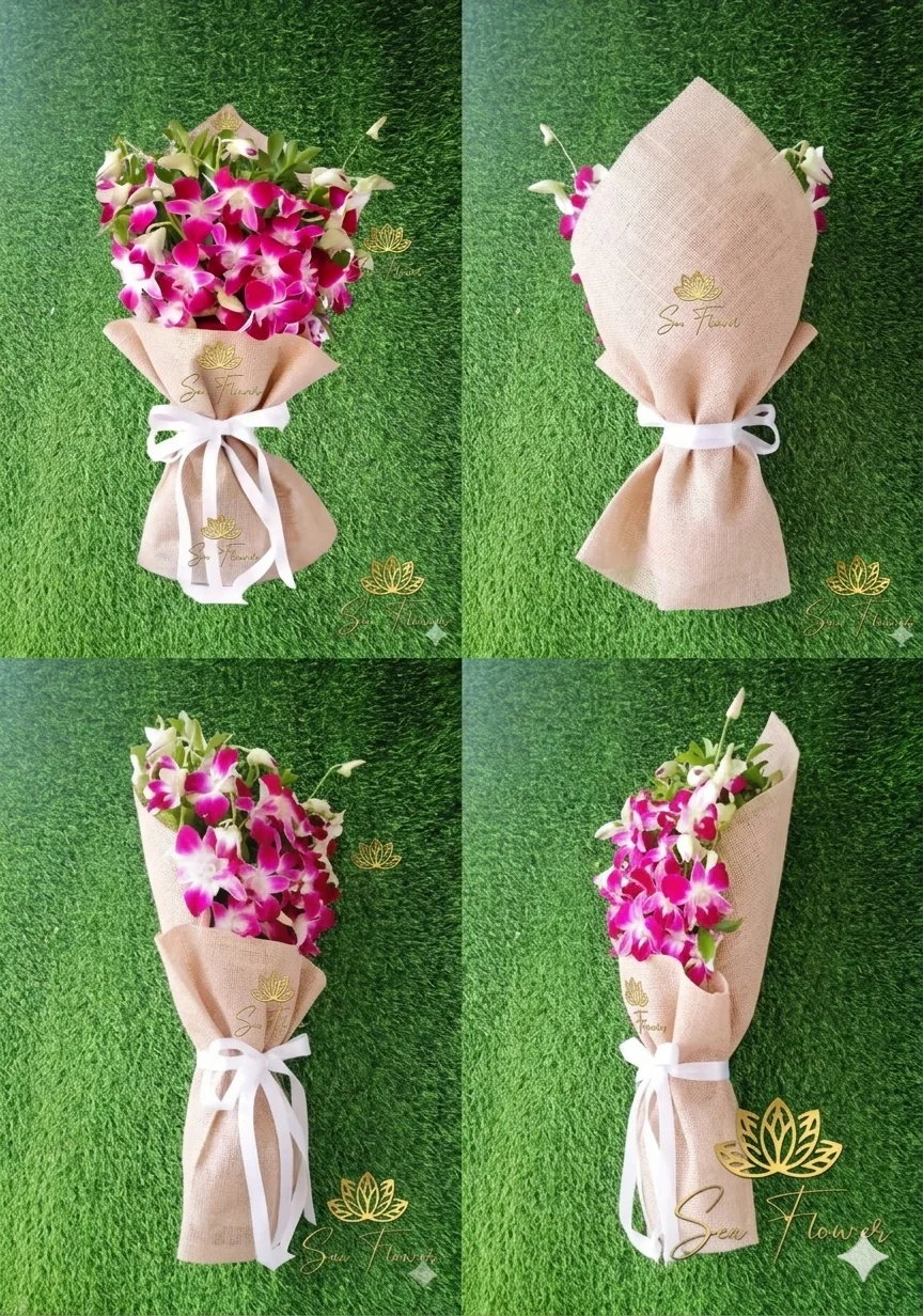 Elegant Purple & White Dendrobium Orchid Bouquet in Rustic Hessian Wrap gallery