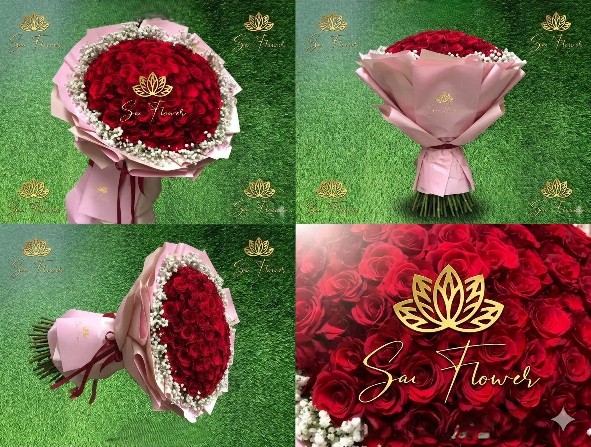 Luxury 100 Red Rose Bouquet with Gypsophila & Pink Wrap – Sar Flower gallery