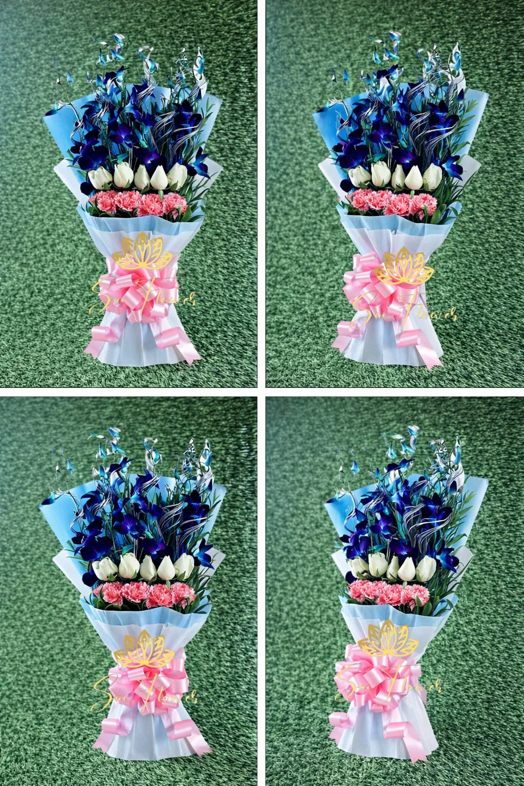 Luxury Blue Orchid, White Rose & Pink Carnation Bouquet – Premium Exotic Mixed Flower Arrangement gallery