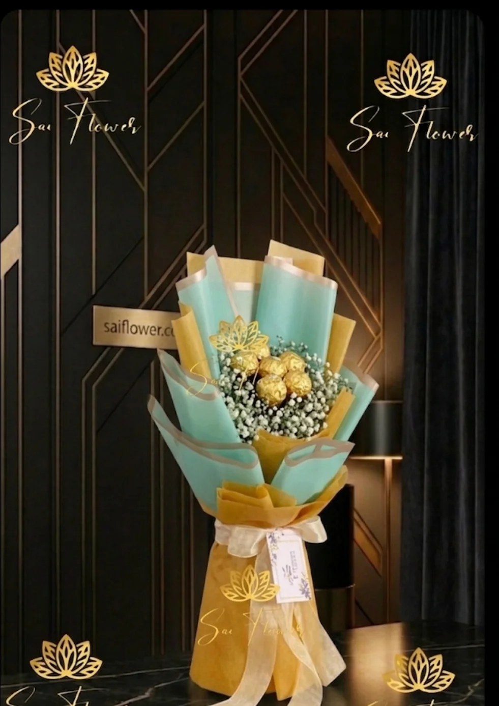 Golden Mint Delight Chocolate & Baby's Breath Bouquet - Premium Delhi Florist Gift gallery