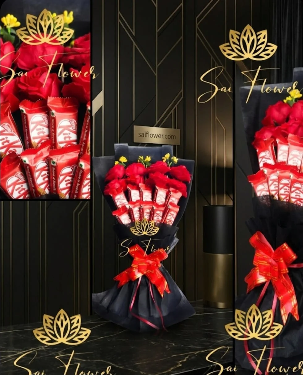 Regal Red Rose & KitKat Indulgence Bouquet - Online Flower Delivery Delhi gallery