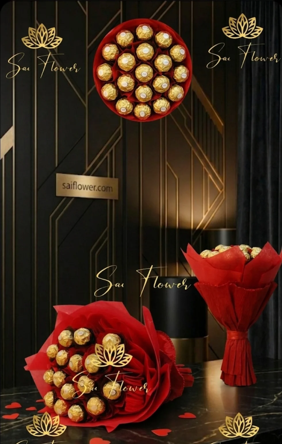 Golden Luxe Ferrero Rocher Chocolate Bouquet with Velvety Red Rose wrapping - SaiFlower Premium Delhi Gifting gallery