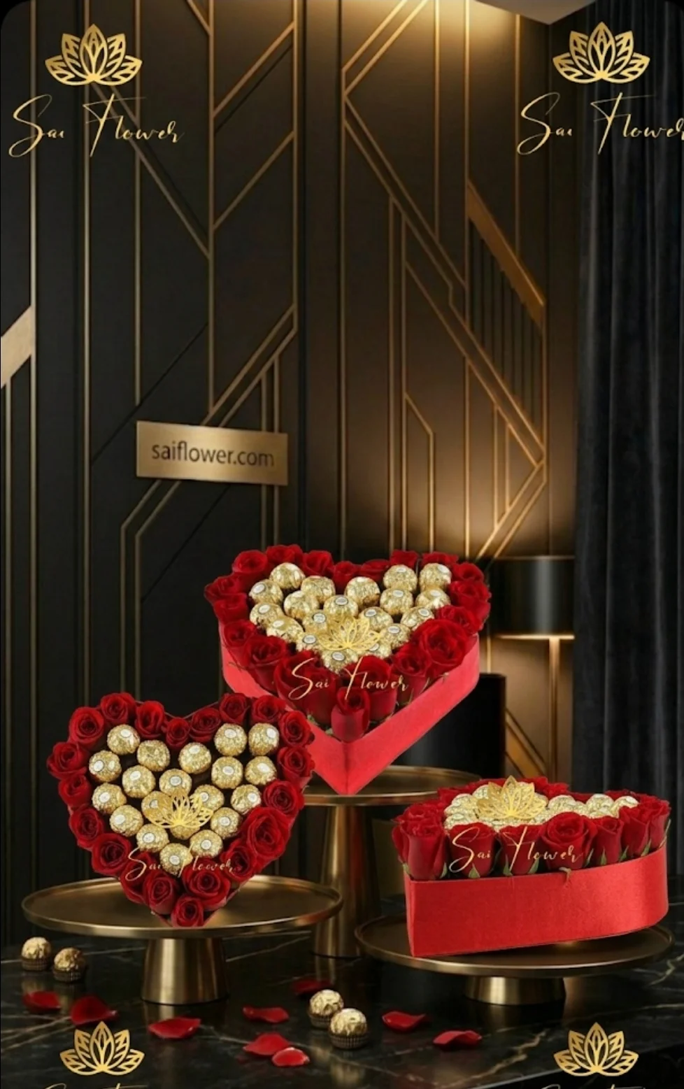 "Midnight Romance: Premium Red Rose & Gold Hazelnut Chocolate Heart Box - Delhi Florist Exclusive" gallery