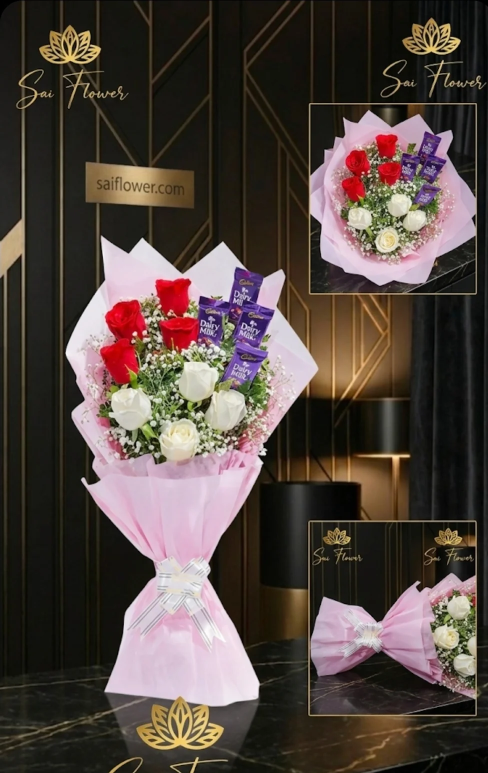 Crimson Grace & Cocoa Embrace: Premium Red & White Rose and Chocolate Bouquet - Delhi's Best Local Florist gallery