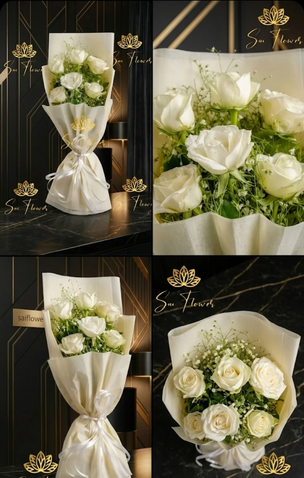Pure White Elegance: Premium 6 White Rose Bouquet with Gypsophila – Luxury Delhi Florist Creation gallery