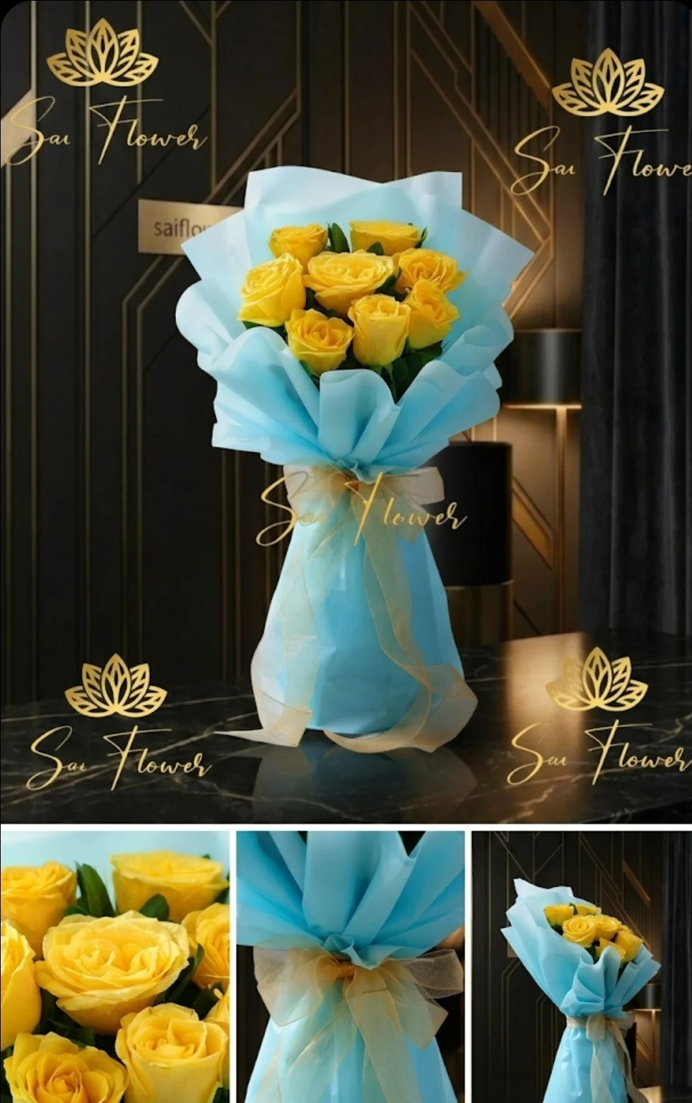 The Golden Grace – Premium Yellow Rose Bouquet with Blue Wrapping | Same-Day Delhi Delivery | Sai Flower gallery