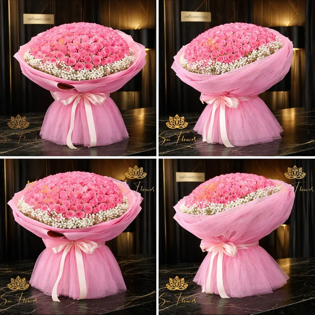 Deep Pink Grandeur: Meticulous Hot Pink Rose Dome Bouquet & Gypsophila from SaiFlower Delhi gallery