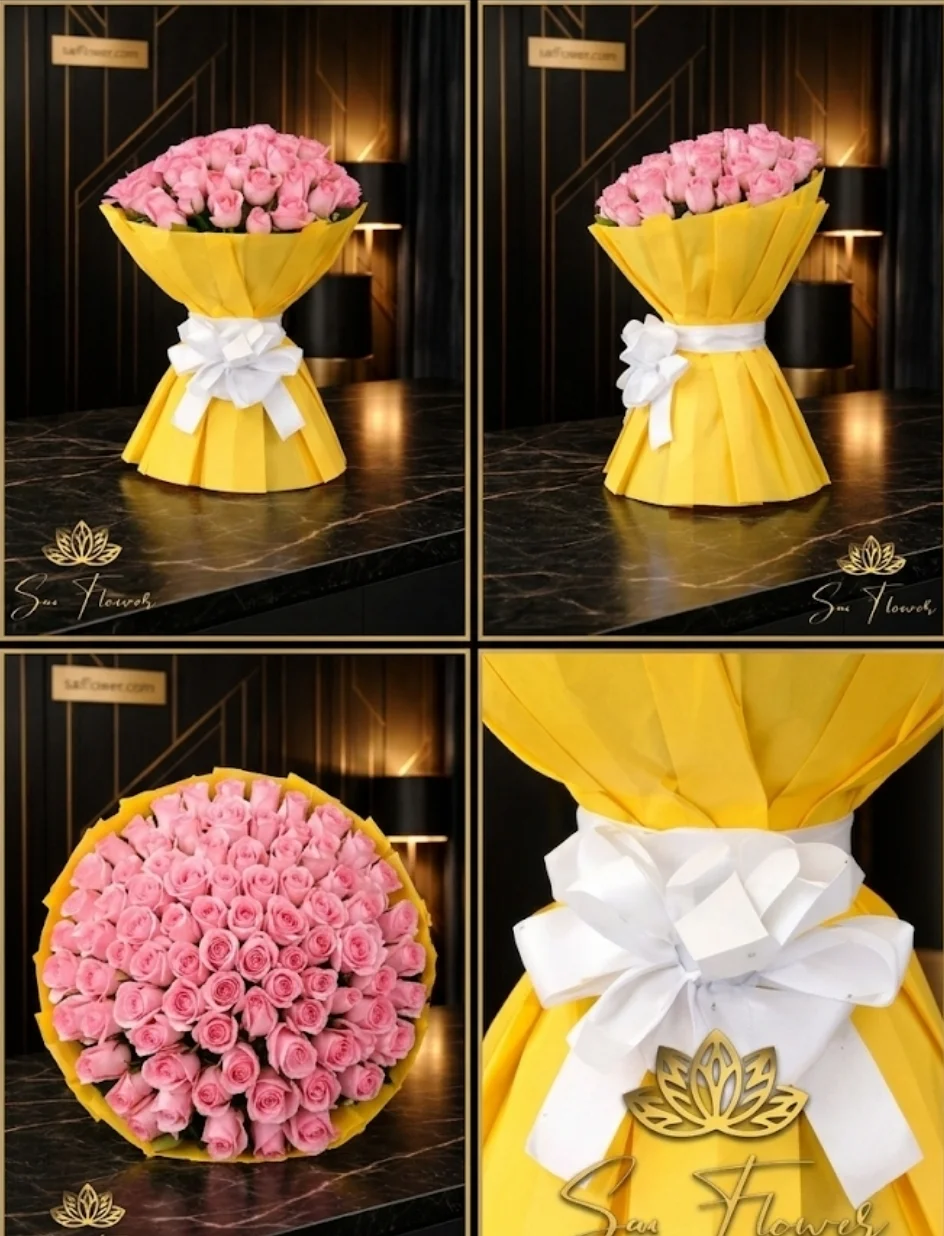SaiFlower’s Blushing Pink Premium Rose Symphony Bouquet with Luxury Yellow Pleated Wrap | Flower Delivery Delhi gallery