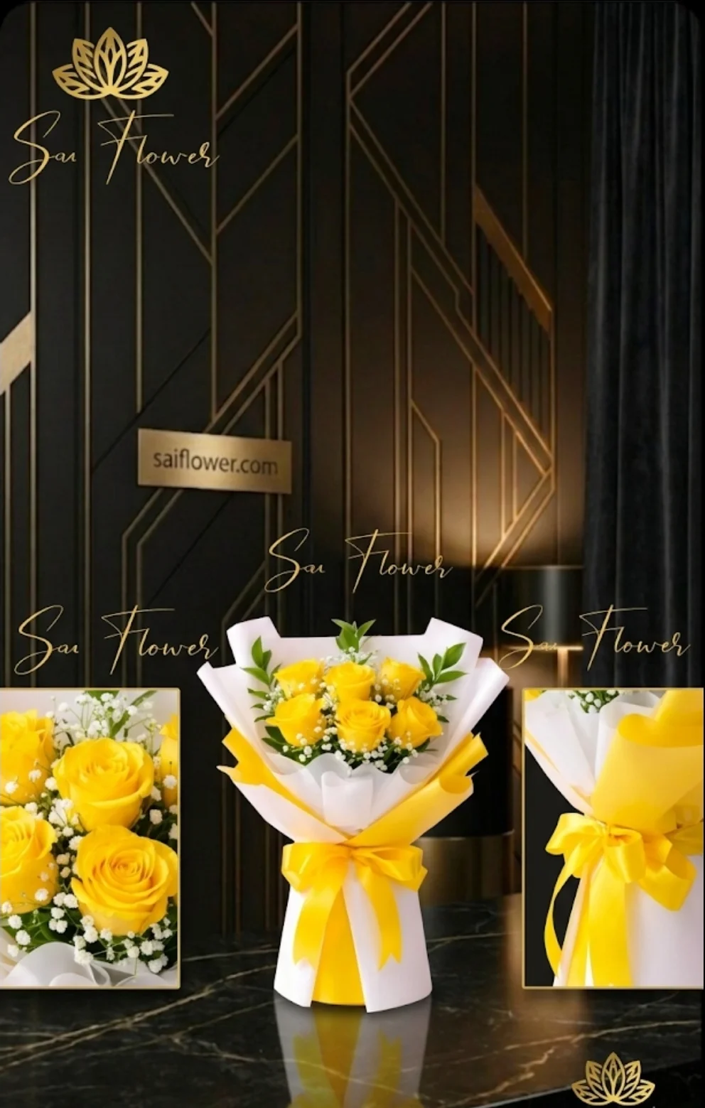 The Golden Embrace - Deluxe Yellow Rose & Gyp Bouquet | Luxury Delhi Florist gallery