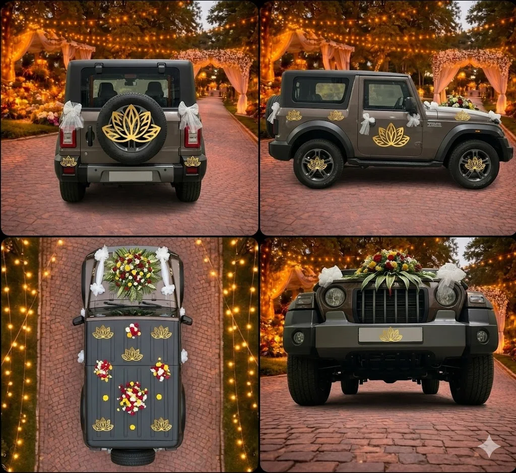 Premium Golden Lotus & Deep Red Rose Wedding Car Decoration Delhi | Sai Flower gallery