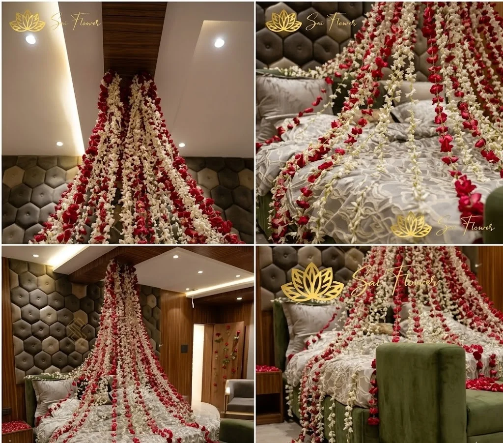 Premium Romantic Floral Canopy Room Decoration Delhi | Luxury Wedding & Anniversary Setup gallery