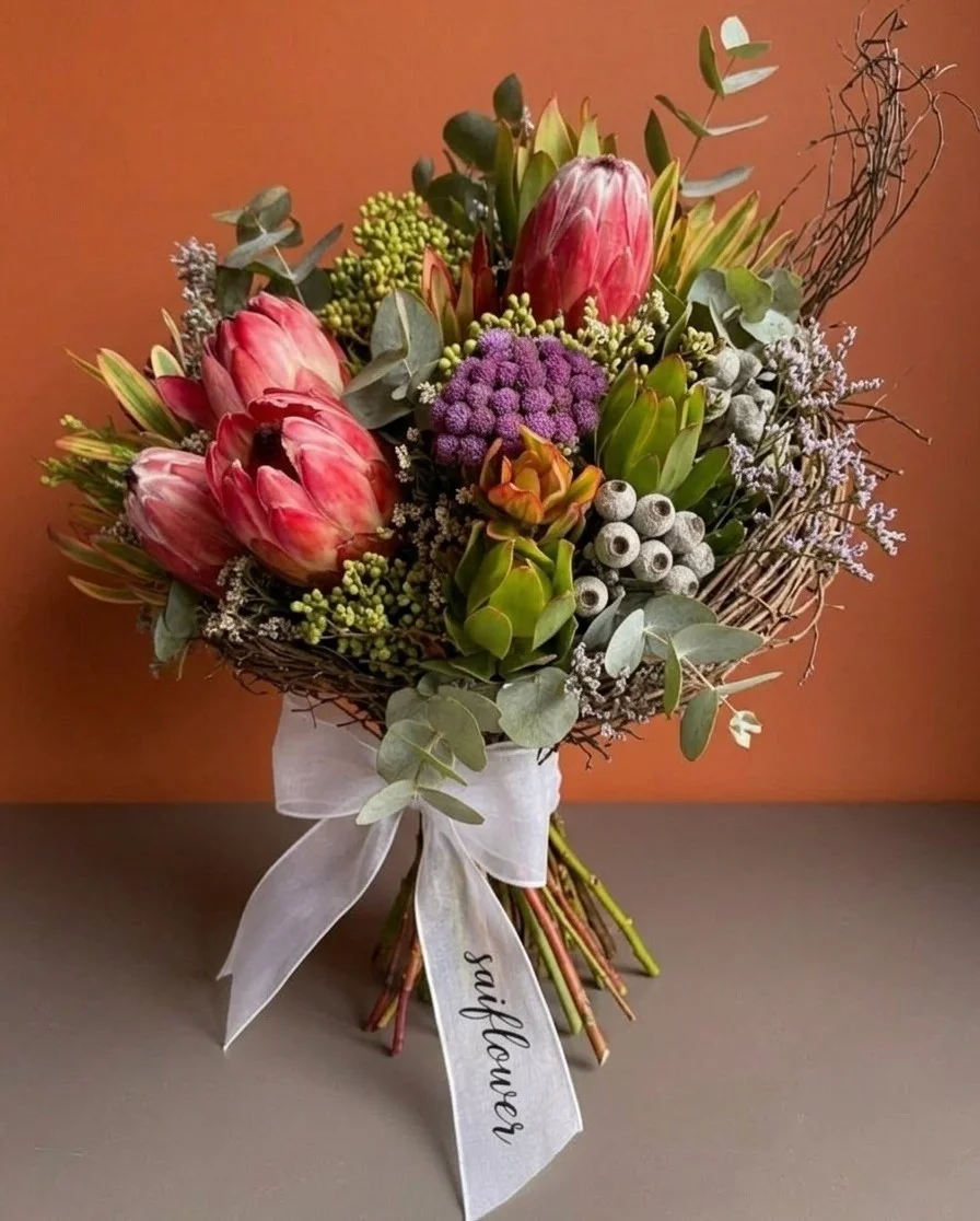 Exotic Pink Protea & Eucalyptus Boho Bouquet