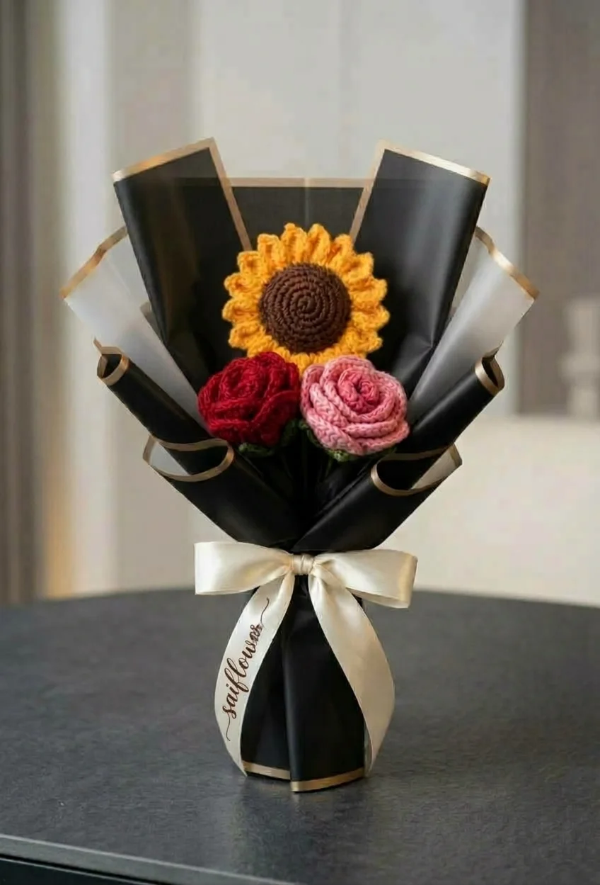 Premium Handcrafted Crochet Sunflower & Rose Luxury Bouquet