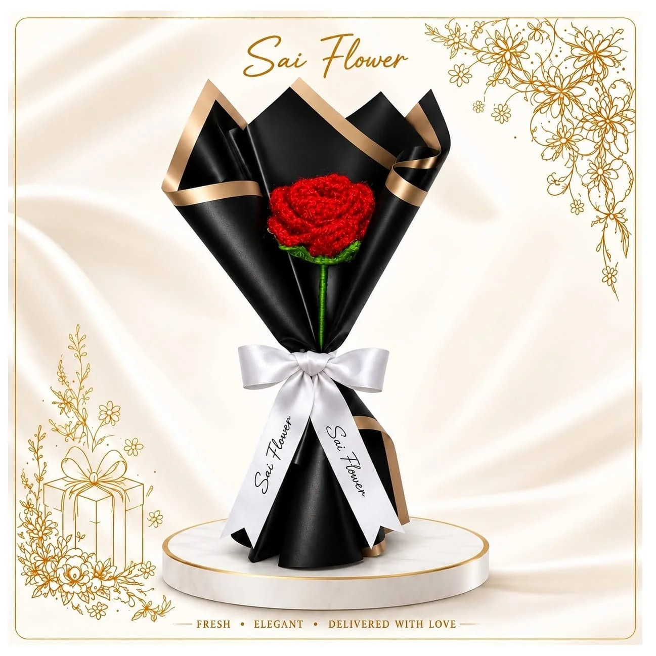Elegant Single Red Crochet Rose Bouquet